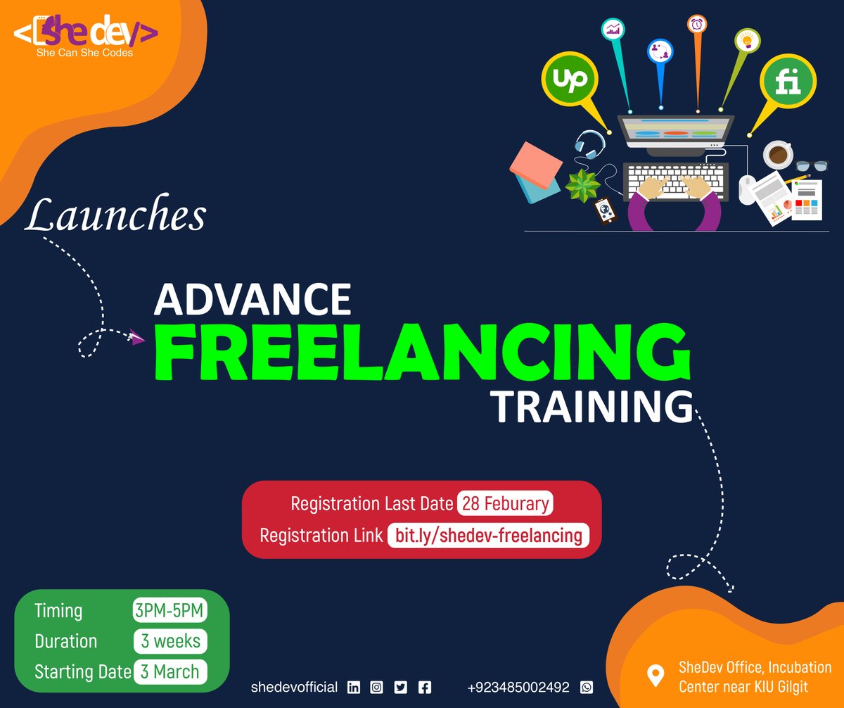 SheDev has brought advanced freelancing training with a research based curriculum to help you with your freelancing career. Our expert trainers, who are the best freelancers, will assist you to jumpstart your career in freelancing. 
Registration Link: bit.ly/shedev-freelan…