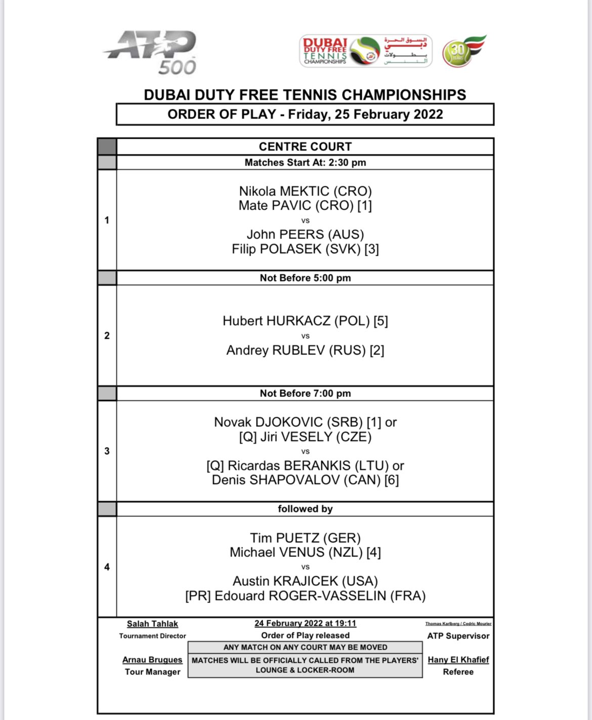 Dubai Tennis Championships 2022 schedule, Order of play today