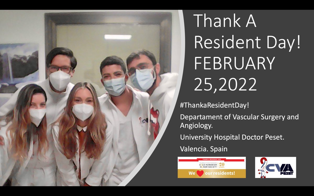 CVA_DrPeset's tweet photo. GRACIAS por vuestra dedicación y compromiso diario y futuro, por vuestra dedicación ejemplar al cuidado del paciente y vuestra continua formación.  @GoldFdtn #ThankaResidentDay! Nuestros MIR de @CVA_DrPeset son nuestro orgullo. Son los cirujanos vasculares del mañana. GRACIAS https://t.co/dasvOXyxcK
