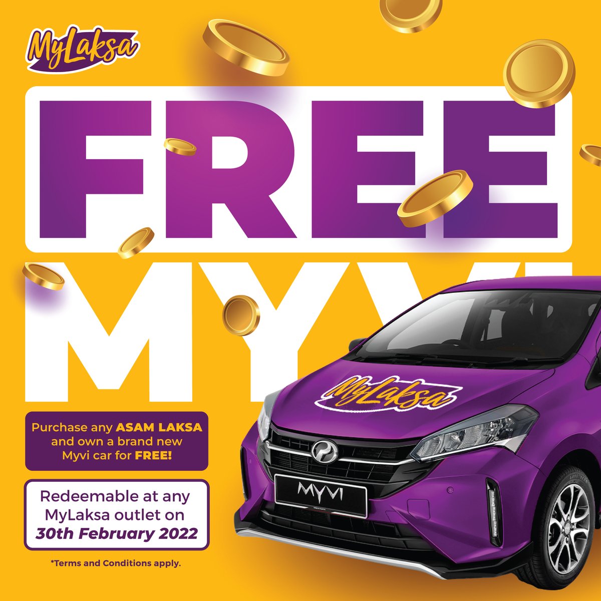 mylaksamy's tweet image. Go Home with Myvi or Go Home with Asam Laksa?
Oh well, you can go home with both! Purchase any Asam Laksa and you can own a brand new Myvi car for FREE.
Visit any MyLaksa outlets nationwide on 30th February 2022 and enjoy driving the “KING OF ROAD”.  #MyLaksa #TasteofUnity