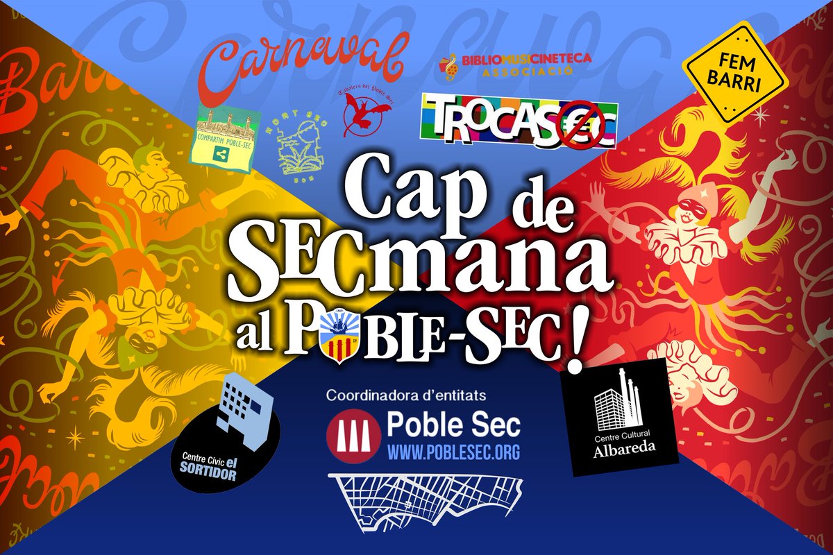 Torna un cap de SECmana plè d'activitats!!! Carnavals al CC Albareda i CC Sortidor, taller de màscares a Concòrdia, activitats a la BiblioMusiCineteca, diumenge calçotada popular a l'Hort Sec i 43è Mercat Trocasec, entre altres... 😎🅾️🅿️💙 #OrgullPoblesequi #Poblesec #CarnavalBCN