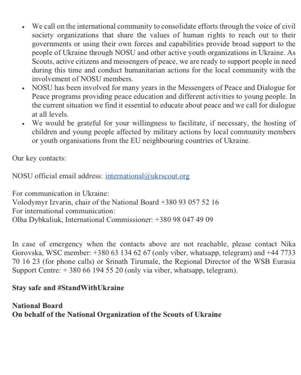 Scoutsscarter's tweet image. I am standing in solidarity with the Scouts of Ukraine @plast - Yesterday they put out this statement. They are ‘supporting people in need’ and ‘will conduct humanitarian actions for the local community.’ This is the very best of @worldscouting #scoutshelpothers
