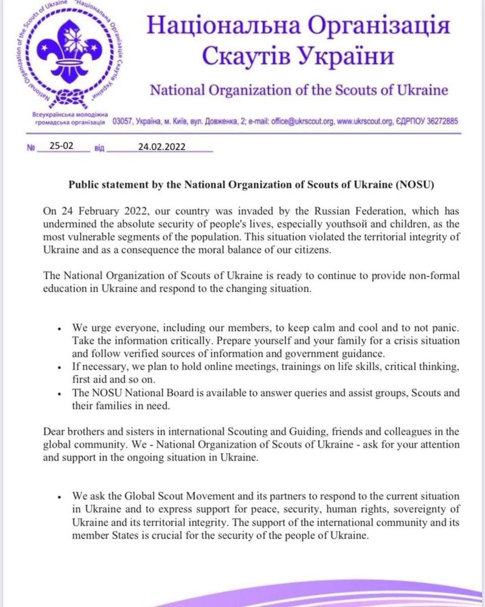 Scoutsscarter's tweet image. I am standing in solidarity with the Scouts of Ukraine @plast - Yesterday they put out this statement. They are ‘supporting people in need’ and ‘will conduct humanitarian actions for the local community.’ This is the very best of @worldscouting #scoutshelpothers