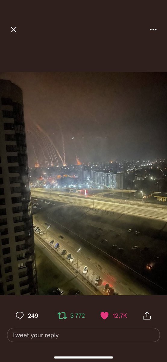 This is my hometown, Kyiv, tonight. Last time it was bombed was 1941. This is brutal Russian aggression that should never be forgiven. Please continue sharing true info, protesting near their embassies, donate to our army. Anything is appreciated. 🇺🇦