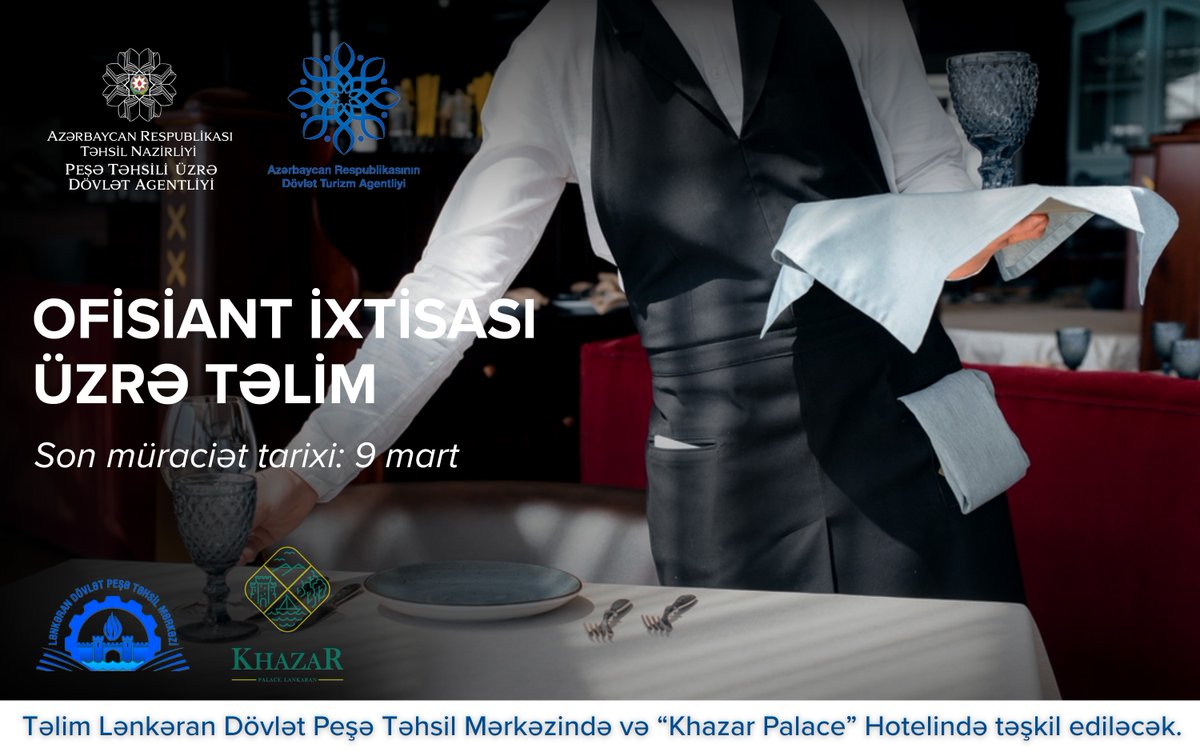 Lənkəran Peşə Liseyi tərəfindən Ofisiant ixtisası üzrə qısamüddətli təlimə müraciətlər qəbul edilir.
Keçidə daxil olaraq təlimə müraciət edə və təlim barədə ətraflı məlumat əldə edə bilərsiniz:
bit.ly/3JPHJzK
#PeşəTəhsili #QısaMüddətliTəlimlər #Lənkəran #Ofisiant #VET