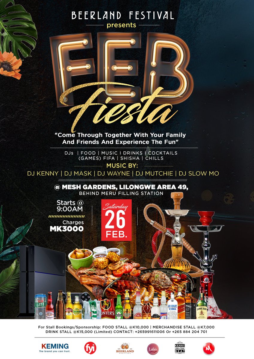 iamblackmyth's tweet photo. It's tommorow good people!
Mesh Gardens, Lilongwe, Area 49
Charges: K3000
Food Stalls:K10,000
Beer Stalls:K15,000
#LilongweEdition
#FebFiesta https://t.co/4PDNy29cog