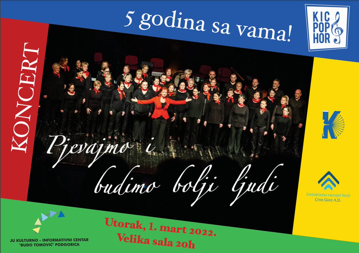 razvojna_banka's tweet photo. KIC pop hor oblježava  5️⃣ rođendan koncertom pod nazivom ,,Pjevajmo i budimo bolji ljudi’’  🎼 🎹 čiji je #IRF zlatni prijatelj 🤝. Čestitamo im rođendan uz zahvalnost što nas muzikom i pjesmom  podsjećaju na empatiju, dobrotu i brigu o drugima. 🍀❤️@IrenaRadovicMNE https://t.co/gFoQLJlm6p