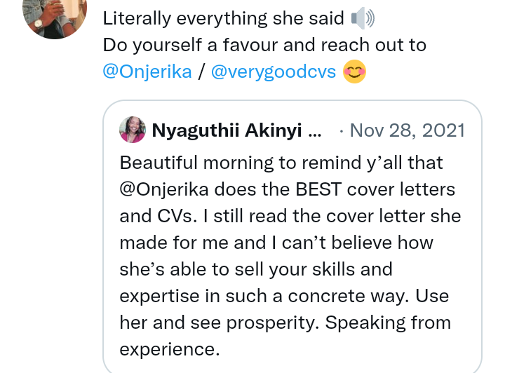 verygoodcvs's tweet photo. Is your CV/Cover letter scoring you interviews or regret after regret?
Well, ours sure are killing it for our clients ππ.
Stop being frustrated, bana. Just contact us for A+ #CVs #Coverletters and #LinkedIn profiles. #jobseekersKE https://t.co/uz1rxamnWt