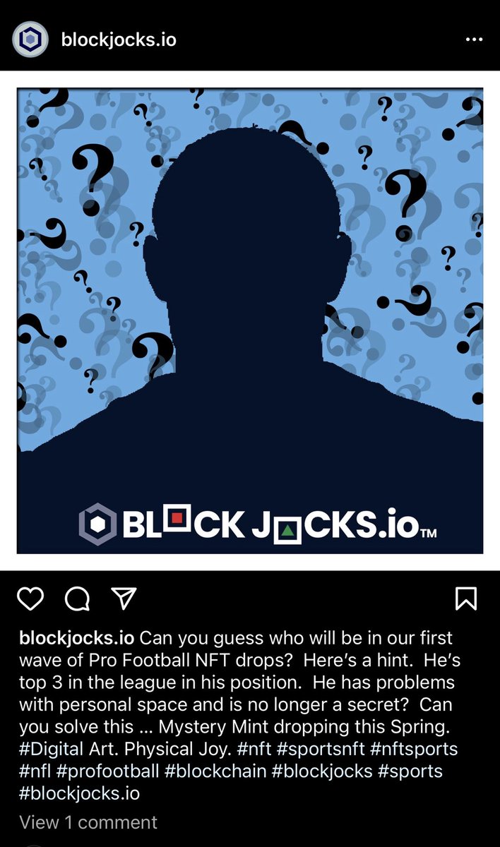 BLOCKJOCKSNFT's tweet photo. One of the first pro football NFT drops, this player is top 3 in his position and has personal space issues. This Mystery Mint drops during the draft this Spring.   Who am I? https://t.co/9ua9UIPG7h #nft #sportsnft #nftsports #NFTCommumity #blockjocks https://t.co/eiQN4nw7LA
