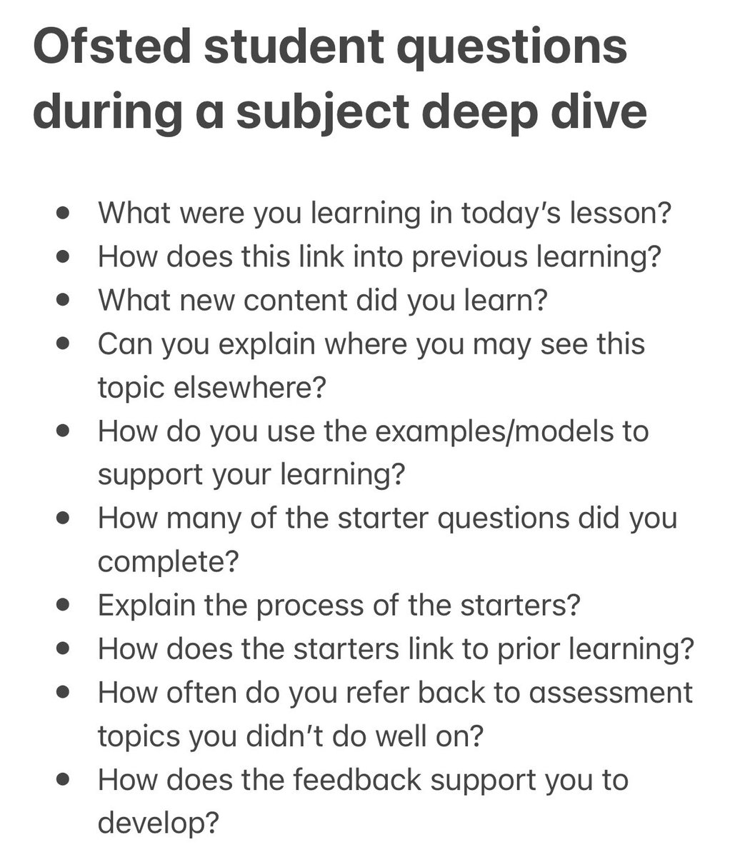 I was kindly invited to sit in a student voice with our visitors during a subject deep dive. Students were chosen from a class. Students were taken out with their exercise books. Questions asked below. So useful being present &amp; grateful for the opportunity #edutwitter #retweet 😊