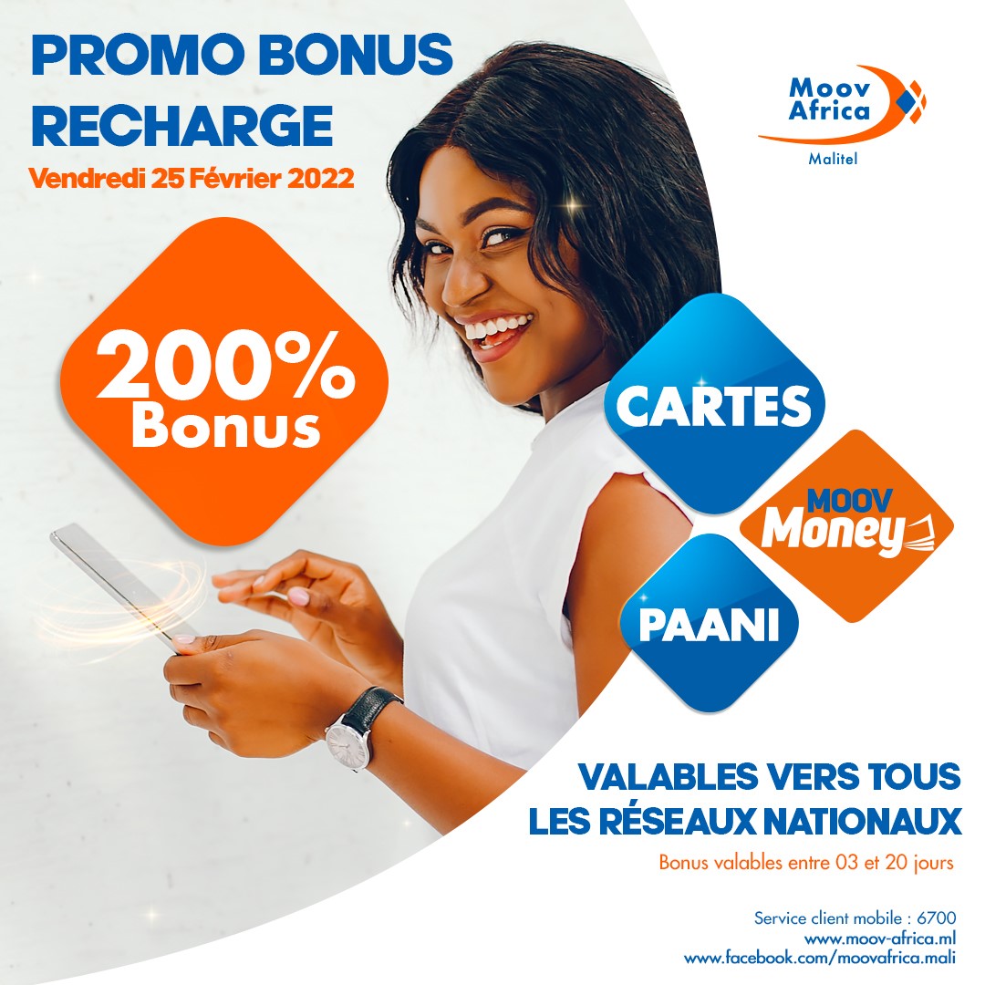 MoovAfrica_ml's tweet photo. 🤩Promo bonus recharge.
Ce vendredi 25 février 2022, bénéficiez d’un bonus de 200 % sur toutes vos recharges.
Bonus valable vers tout les réseaux au Mali.
#UnNouveauMondeVousAppelle #PromoBonus #MoovMoney #Paani #MobileMoney #Carte https://t.co/1wdB7BdSR1