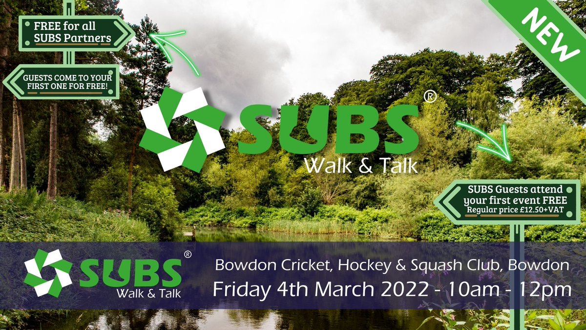 SUBS Walk &amp; Talk is a fun, relaxed and friendly networking outdoor event. This walk will be along the River Bollin, Bowdon.

Meeting point: Bowdon Cricket, Hockey &amp; Squash Club, Bowdon at 10AM.

Register here to join: eventbrite.co.uk/e/262954472907

#SUBS #Netwalking #OutdoorEvent