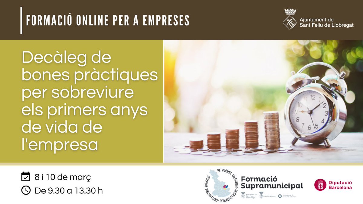 promoecosf's tweet photo. #Formació empresarial | Vols conèixer els 10 indicadors que asseguren la supervivència dels negocis als 1rs anys de vida? Inscriu-te al taller #online: 
📅 8 i 10/03
🕧 9.30 a 13.30
Inscripció oberta! 🔗https://t.co/z4ycj8qh2n
En col·laboració amb @promodespi @santjustcat i @diba https://t.co/1996qdRdKX