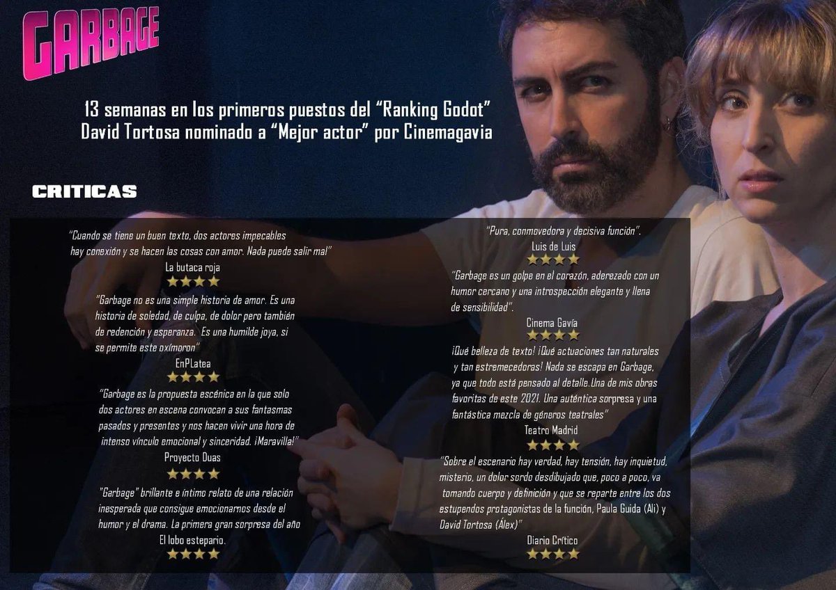 Un recorrido brillante para GARBAGE, de Paula Guida. Esta tarde ÚLTIMA FUNCIÓN!! IMPRORROGABLE!! Un texto emotivo y sorprendente a cargo de dos actores en estado de gracia: @David_Tortosa y <a href="/PaulaGuida/">Paula Guida Giordano</a> ♥️♥️♥️ Entradas en atrapalo.com/entradas/garba… Dirige @EvaEgidoLeiva