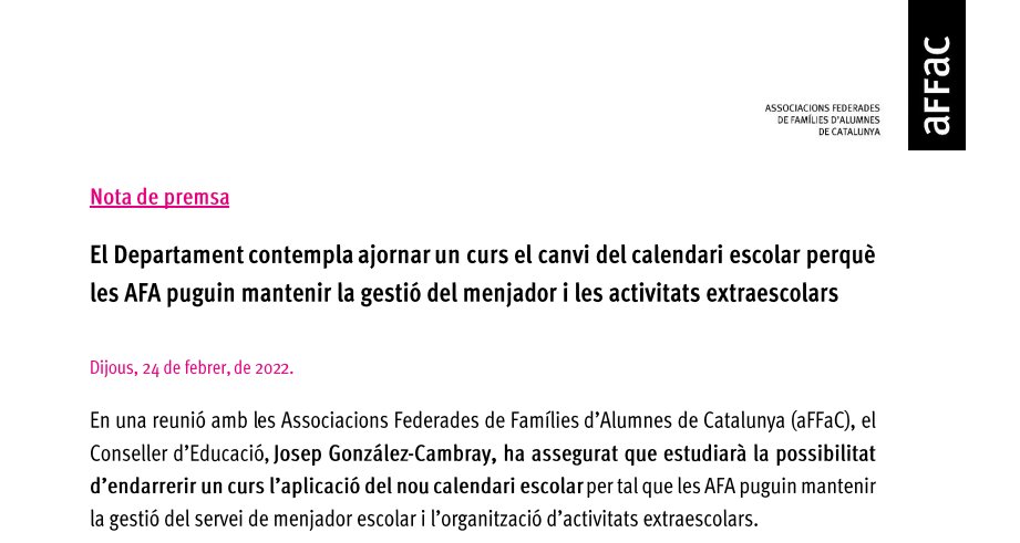 🚨 El Dept. d'<a href="/educaciocat/">Educació</a> contempla ajornar un curs el canvi del calendari escolar perquè les AFA puguin mantenir la gestió del menjador i les activitats extraescolars.

📰 Per més informació, consulteu la nota de premsa aquí ➡️ bit.ly/3t5CUM6