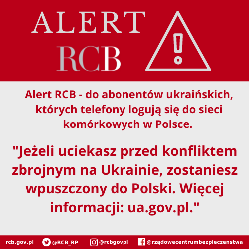 RCB_RP's tweet photo. ❗Uwaga Alert RCB ❗

Abonenci ukraińskich numerów tel., po zalogowaniu się do polskich sieci, otrzymują komunikat w języku polskim i angielskim.

"Jeżeli uciekasz przed konfliktem zbrojnym na Ukrainie, zostaniesz wpuszczony do Polski. Więcej informacji: https://t.co/Wpl7qXdGPN." https://t.co/cpaz70oJEI