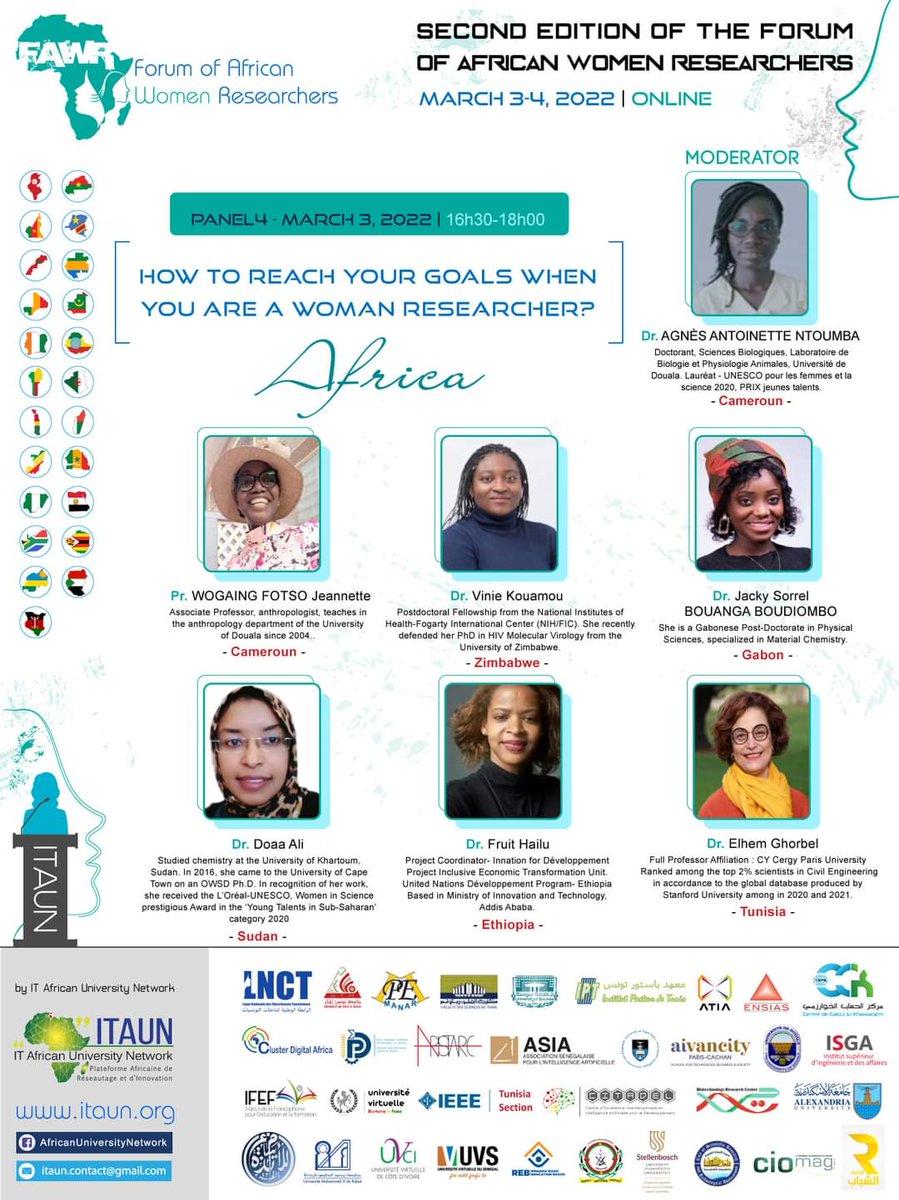 📌  La deuxième édition du Forum des Femmes Africaines Chercheuses 🌍 (FAWR - Forum of African Women Researchers) se tiendra en ligne le 3 et 4 Mars 2022.
✅  Panel 4 : How to reach your goals when you are a woman researcher?  - Jeudi 3 mars 2022 : 16h30-18h00