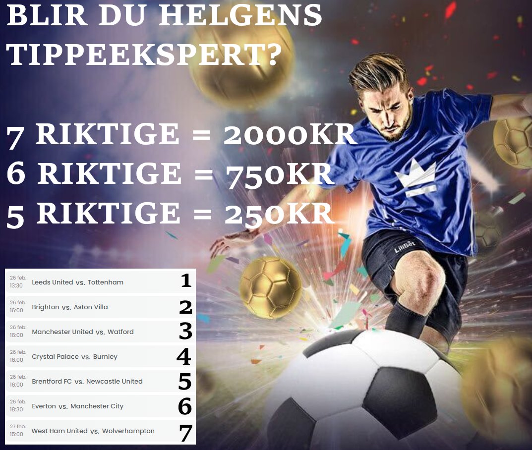 🗣️Helgens tippelapp fra Lilibet

Helgens tippelapp er klar! Men det er kun 7 kamper som skal tippes på! Store muligheter her.

Delta her⤵️
Retweet + følg oss.
Så kommenter du HUB i de 7 kampene som spilles i Premier League i helgen! Se bilde for premier!🥳

FRIST: 13.30 LØRDAG