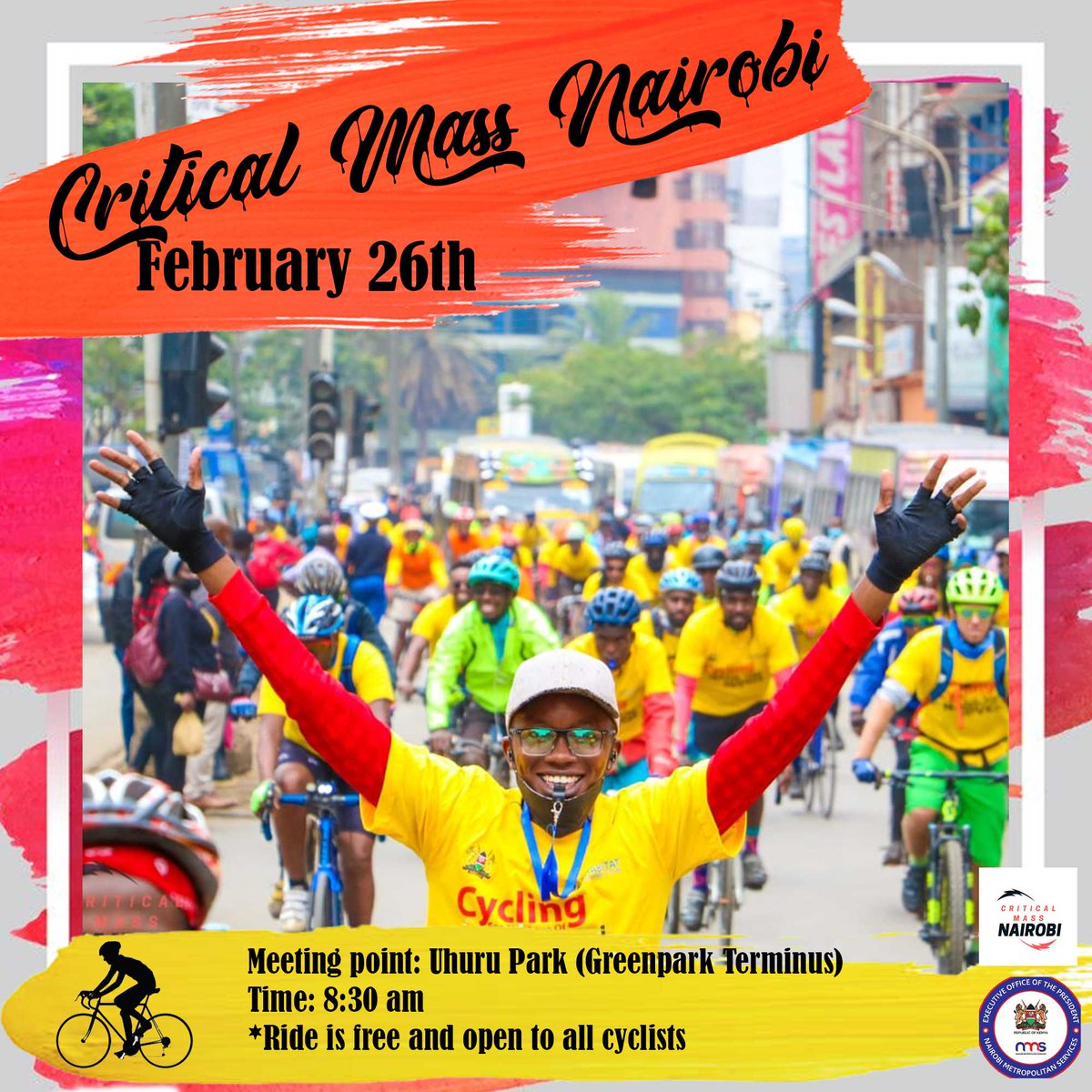 CriticalMassNbi's tweet photo. Date:  Saturday, 26th / 02/ 2022 8:00am

Tell a Friend to invite a Friend.

Venue: Uhuru park Nairobi  (GREEN PARK TERMINUS)

Time : 08:00Am to 12:30pm

Please note that this is a Free Ride.

Route: will be shared tomorrow. 
 
See you Soon.

CMN

Share widely!!! 🚲🚲🚲 https://t.co/iUQfkqhkDd