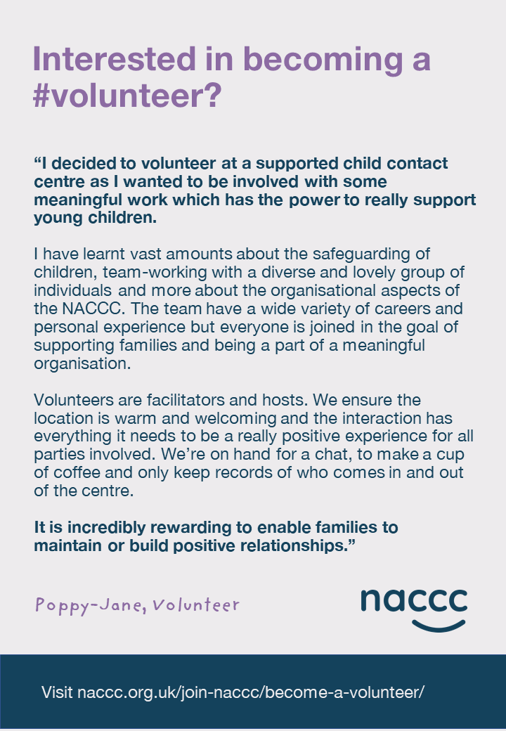 NACCCofficial's tweet photo. Interested in becoming a #volunteer at a child contact centre? Following the pandemic centres are in real need of volunteers to help them with their reopening programme. Find an opportunity near you: https://t.co/ca8tPVbpzl https://t.co/J8lJpN6LBo