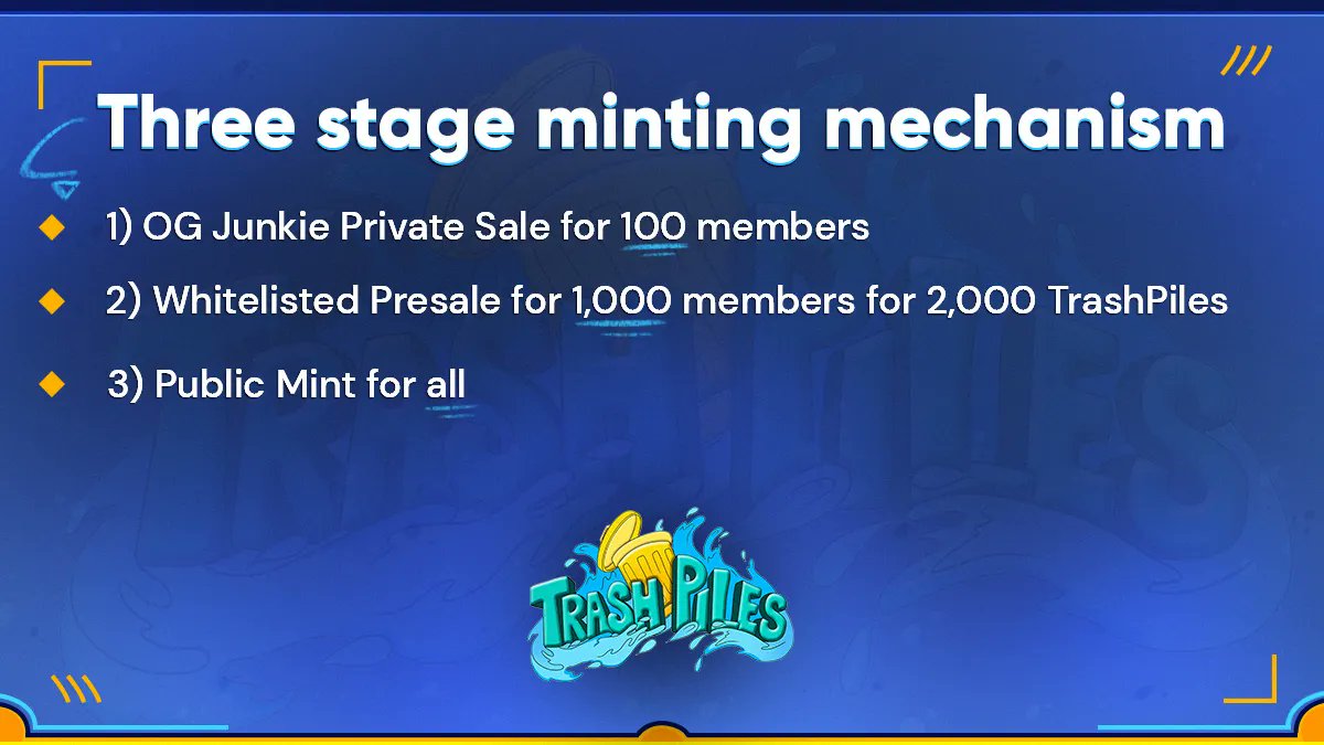 TheTrashPiles's tweet photo. 👇 Pricing and sale structure of the our collection of 8,888 TrashPiles NFTs!

💯 OG Junkie Private Sale mint price: 1.5 SOL
🧻 Whitelisted Presale mint price: 1.75 SOL
🌎 Public mint price: 2 SOL

#Solana #SolanaNFTs https://t.co/y8I41RyfCQ