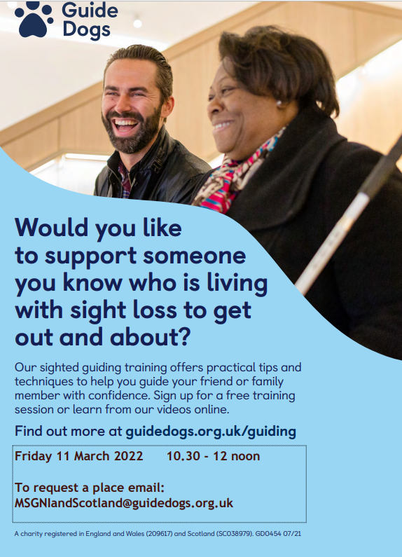 Guide Dogs Scotland (@guidedogsscot) on Twitter photo Do you support someone with sight loss? Join our free My Sighted Guide Friends & Family Training on 11 March, 10.30am-12pm via Zoom, to learn sighted guiding techniques. Email MSGNIandScotland@guidedogs.org.uk to book a place. Do you support someone with sight loss? Join our free My Sighted Guide Friends & Family Training on 11 March, 10.30am-12pm via Zoom, to learn sighted guiding techniques. Email MSGNIandScotland@guidedogs.org.uk to book a place.