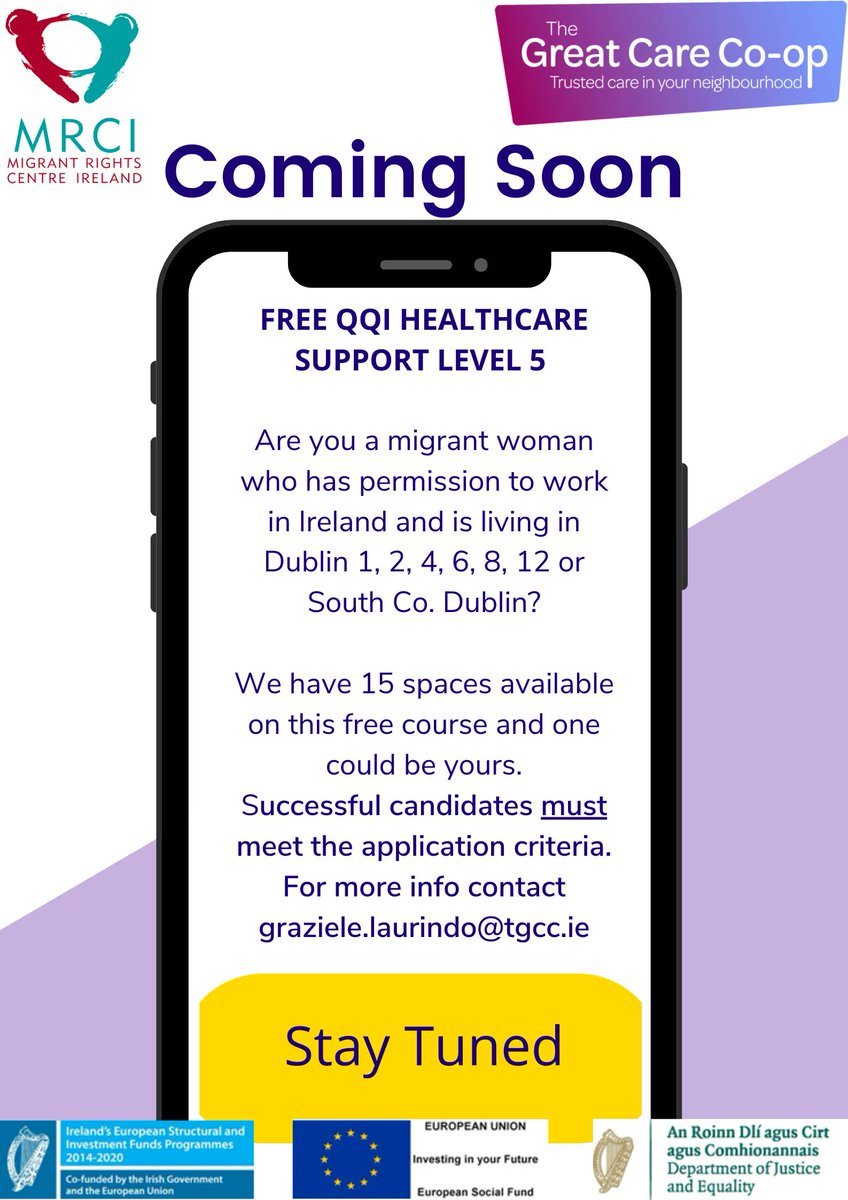Balally FRC (@balallyfrc) on Twitter photo The Migrant Rights Centre Ireland are offering a FREE QQI Healthcare Support Level 5 course to migrant women living in Dublin 1, 2, 4, 6, 8, 12 or South Dublin.
For more information please contact graziele.laurindo@tgcc.ie The Migrant Rights Centre Ireland are offering a FREE QQI Healthcare Support Level 5 course to migrant women living in Dublin 1, 2, 4, 6, 8, 12 or South Dublin.
For more information please contact graziele.laurindo@tgcc.ie