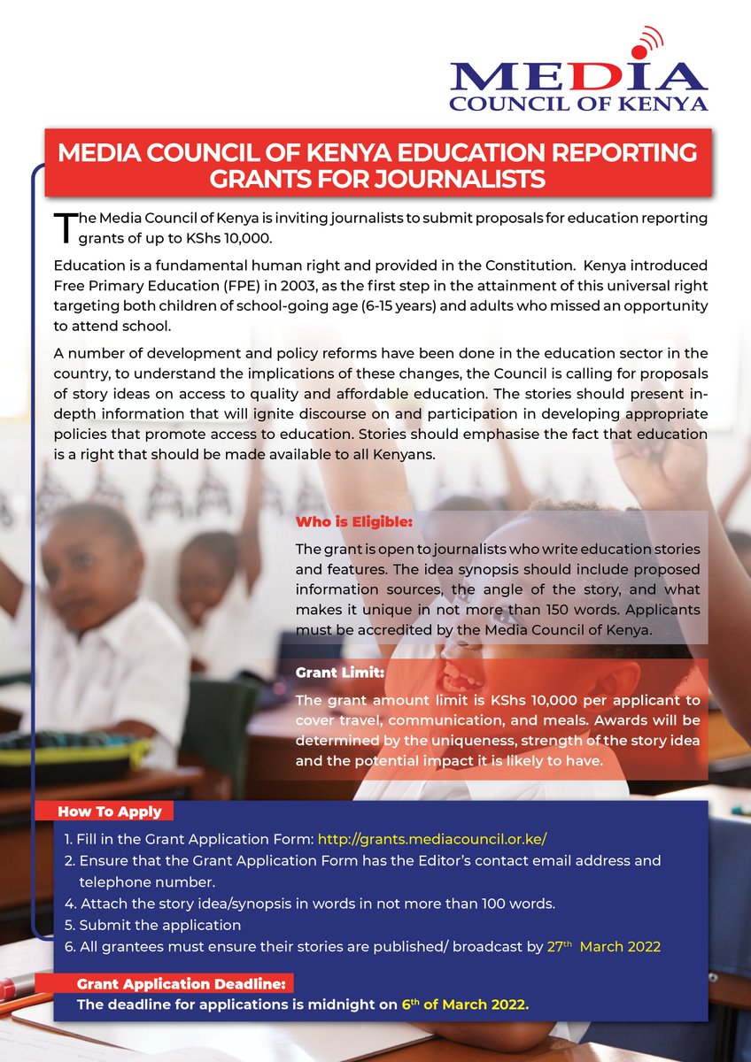 MediaCouncilK's tweet photo. ATTENTION JOURNALISTS! Announcing our Education  and Health Reporting grants for .@MediaCouncilK accredited journalists. https://t.co/EX5xYM6ZLO