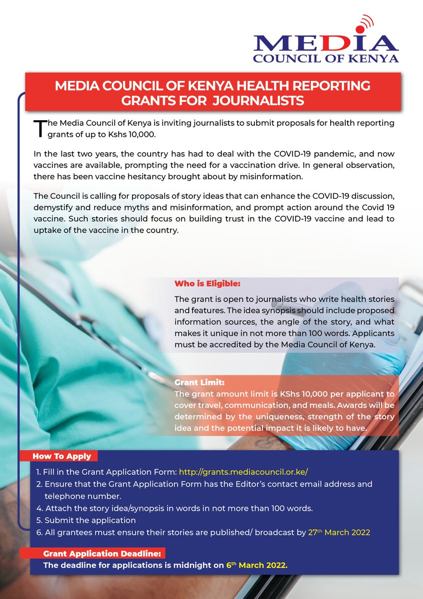 MediaCouncilK's tweet photo. ATTENTION JOURNALISTS! Announcing our Education  and Health Reporting grants for .@MediaCouncilK accredited journalists. https://t.co/EX5xYM6ZLO