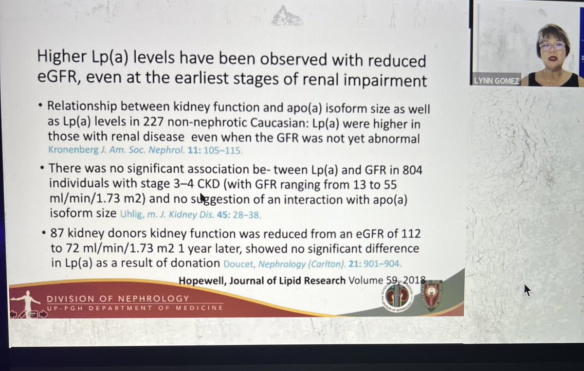 Endocrine_ph's tweet photo. @PLAS_PSH #plaspsh2022 Lipoprotein (a) and smaller apo(a) isoform sizes are associated with higher risk for ASCVD but have variable data re their implications in CKD. More studies are needed - Dr. Lynn Gomez. @ceciledoc @hyperneuro @doc_Adriel @arnoldbenjamina https://t.co/wyY7DkRDhv