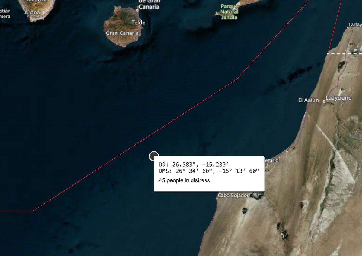 alarm_phone's tweet photo. 🆘in the Atlantic!
We were in contact to a boat in distress carrying 45 people on the #CanaryRoute. They left from #Dahkla 2 days ago and had no more food and water. We lost contact to them 1h ago. Authorities are alerted. We hope rescue arrives soon! #FreedomOfMovement! https://t.co/hFikv6TM89