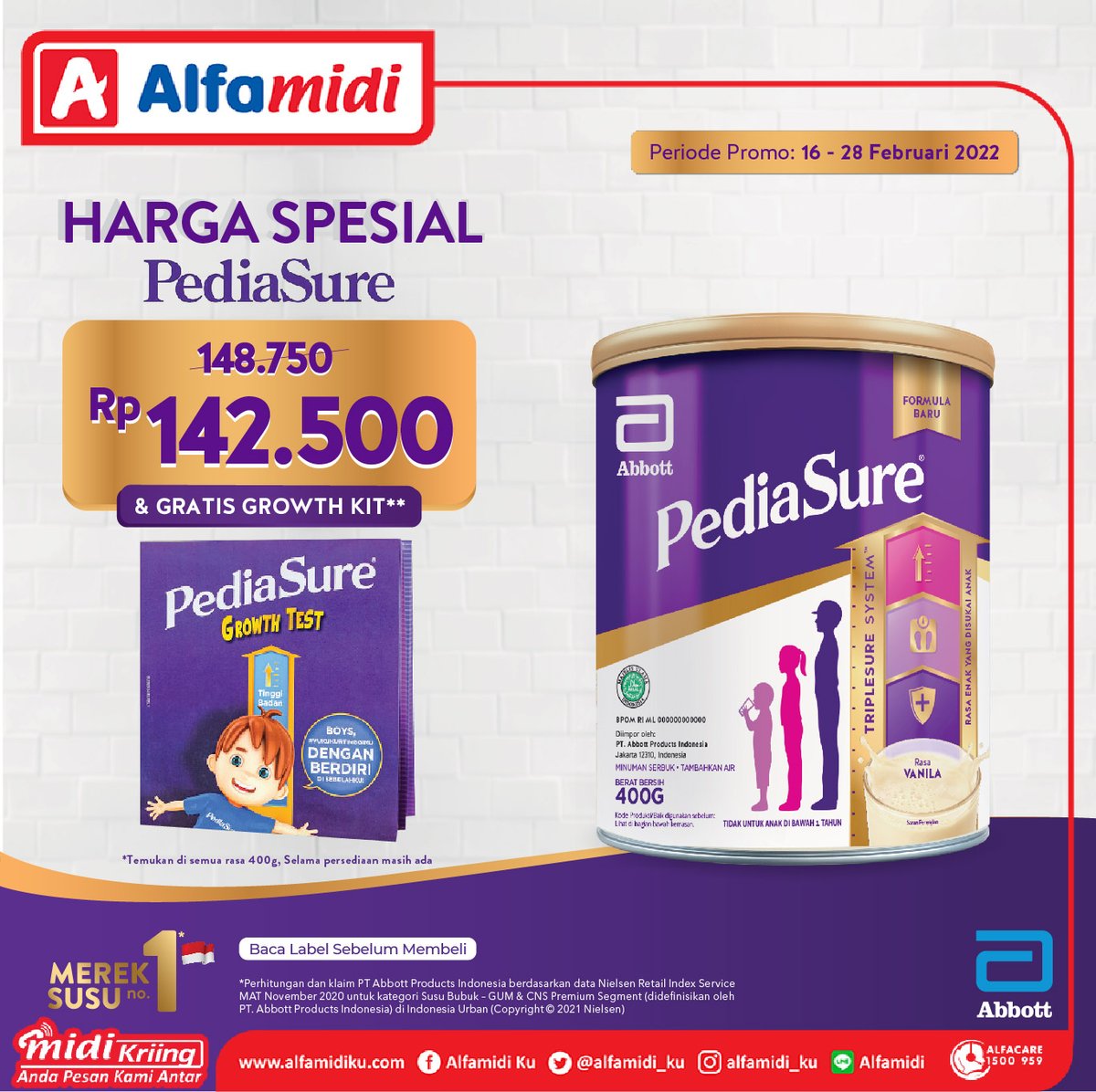 alfamidi_ku's tweet photo. Dukung pertumbuhan Si Kecil dengan PediaSure 🥰

Manfaatkan diskon 15% dan potongan harga spesialnya, berlaku untuk varian tertera.

Promo s.d 28 Februari 2022.

Jangan sampai terlewat ya, Family Midi...

#AyokeAlfamidi #alfamidihadirmelayani #PromoAlfamidi #PromoSusu https://t.co/i2Ne7dlMVB