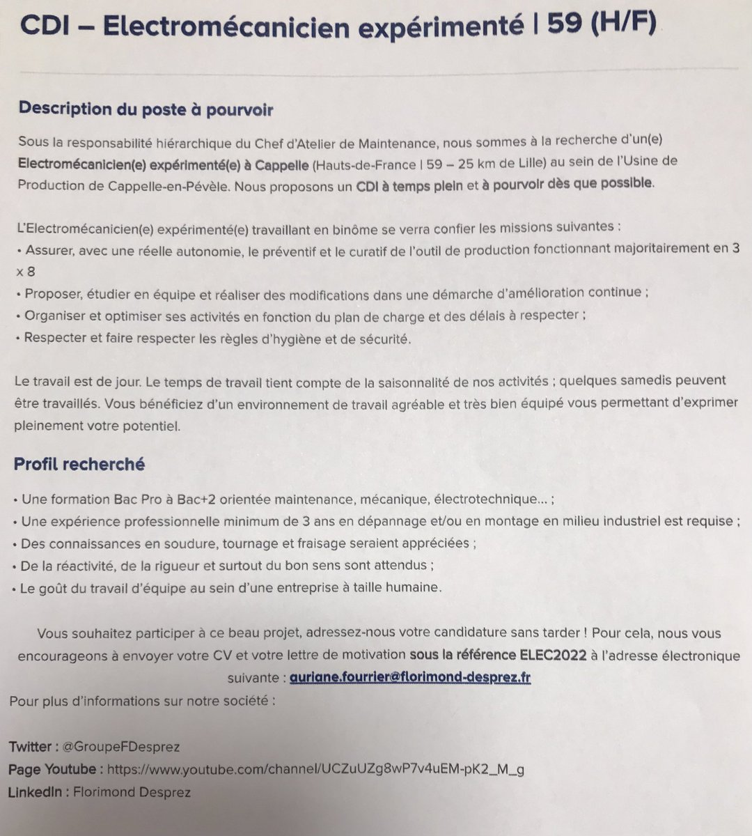 📍Poste d’électromécanicien à pourvoir chez FLORIMOND DESPREZ  à Cappelle en Pévèle 📍
<a href="/GroupeFDesprez/">Florimond Desprez</a> 

A vos stylos 🖊