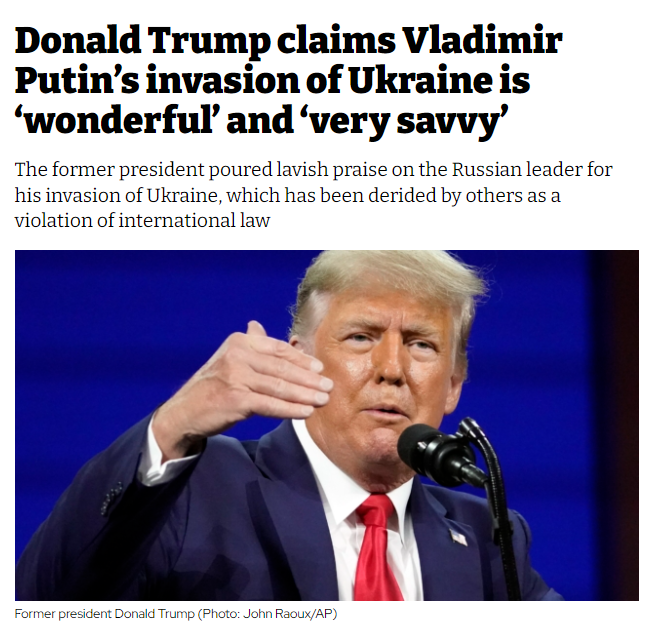 docrussjackson's tweet photo. Everyone knows exactly what Republicans, Carlson, Bannon, Farage, & all the other #obsequious Trump-supporting #hypocrites would be saying about Joe Biden had he, rather than Donald Trump, described Putin's aggression towards Ukraine as "genius", "wonderful" & "very savvy". https://t.co/yJpKDnouI4