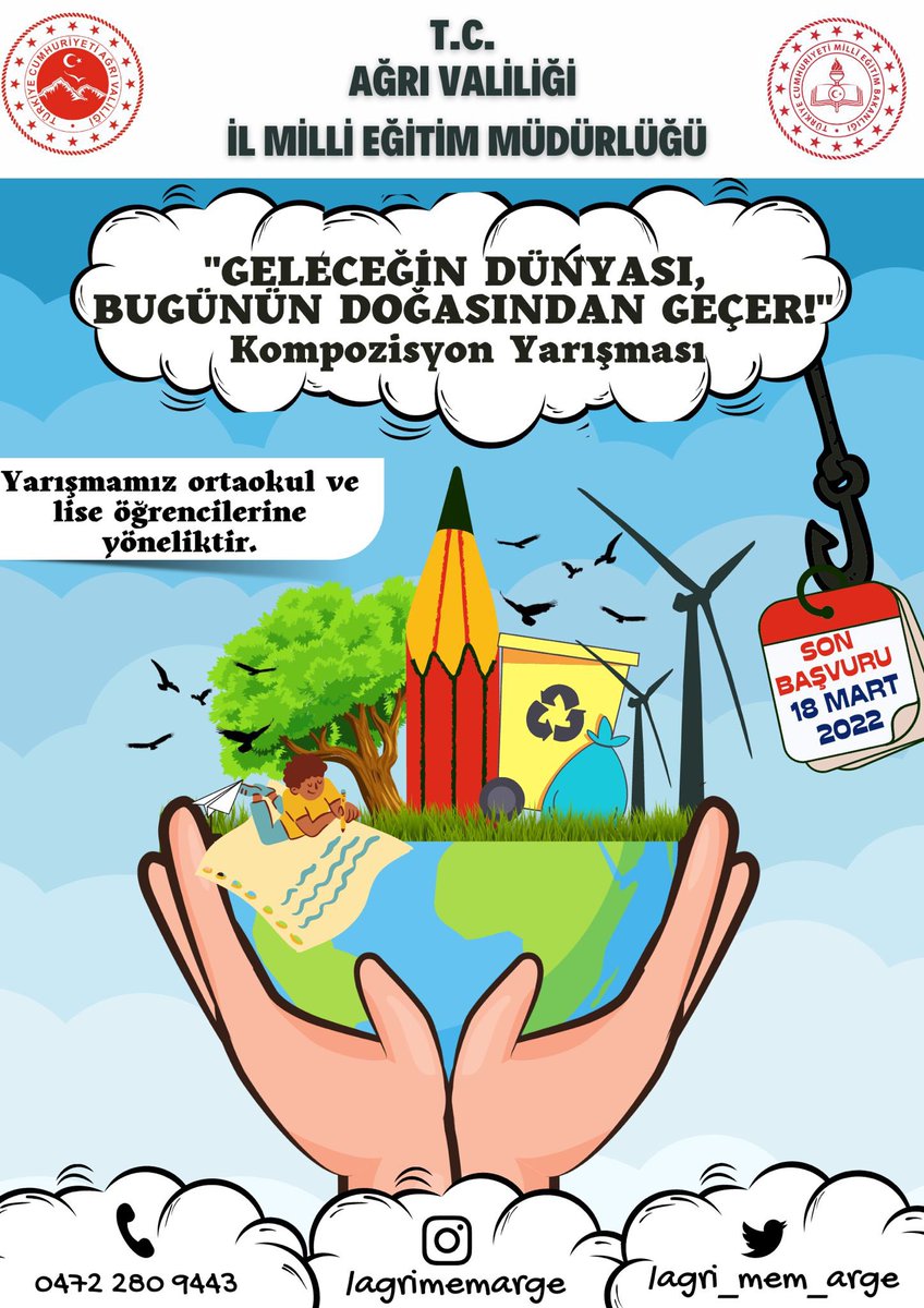 agri_mem_arge's tweet photo. 🔈Kompozisyon Yarışması

“Okuyan Şehir Ağrı” projesi kapsamında ‘Geleceğin Dünyası Bugünün Doğasından Geçer’ konulu Ortaokul ve Lise öğrencilerine yönelik kompozisyon yarışması düzenlenmiştir. 

🗓Son başvuru: 18 Mart !

@tcmeb @AgriValilik @DrOsmanVarol @agrimem @hasan_kokrek https://t.co/DcQKGwH3Ov
