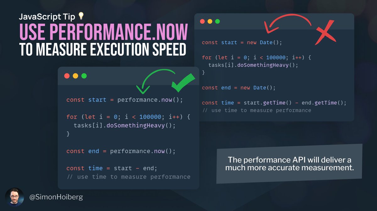 SimonHoiberg's tweet photo. JavaScript Tip 💡 

Use performance .now to measure execution speed.

The performance API will deliver a much more accurate measurement. https://t.co/r7X1l1GqOU