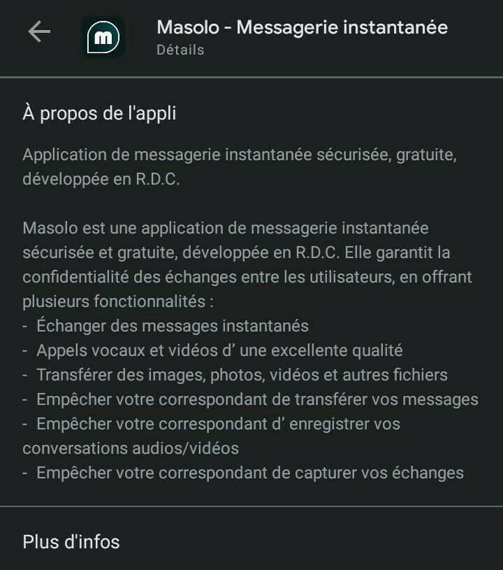 Je vous présente MASOLO une application de messagerie instantanée conçue et développée au Congo par des congolais. Disponible sur : Play store et AppStore <a href="/TabuYvette/">Yvette Tabu Inangoy</a> <a href="/PatrickMuyaya/">Patrick Muyaya</a> <a href="/TopCongo/">TOP CONGO FM</a> <a href="/LitsaniChoukran/">Litsani Choukran</a> <a href="/LukondeSama/">Sama Lukonde</a>