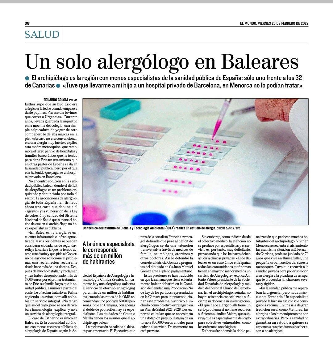 Los pacientes alérgicos de Baleares siguen sin alergólogos en su sistema de salud público, lo cual opinamos que es intolerable y un agravio para su población #AlergólogosEnBalearesYA elmundo.es/ciencia-y-salu…