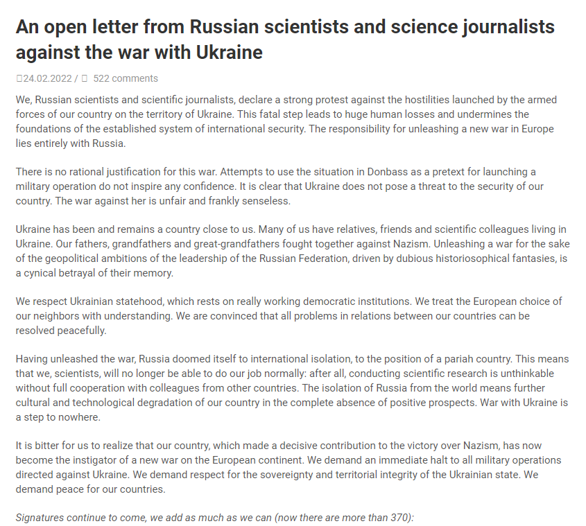 abursuc's tweet photo. An open letter from Russian scientists and science journalists against the war with Ukraine (google translate capture 👇): "The responsibility for unleashing a new war in Europe lies entirely with Russia. There is no rational justification for this war." https://t.co/5vVLconqsD https://t.co/QeGbjXV9ov