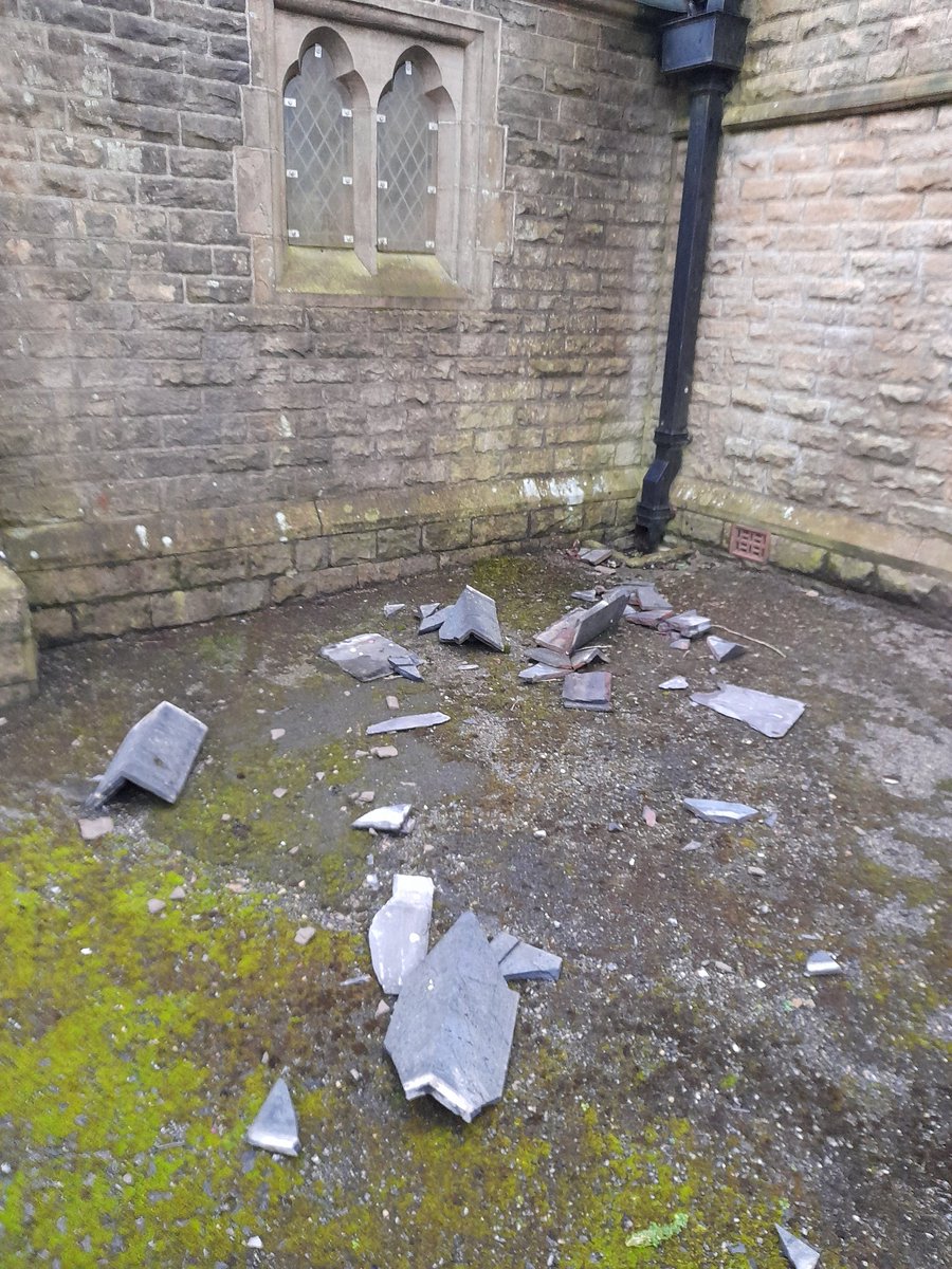 The storm damage is being repaired today. Thank you Loyd and Smith and <a href="/Ecclesiastical/">Ecclesiastical</a>.  <a href="/DioManchester/">Diocese of Manchester</a> <a href="/churchofengland/">The Church of England</a>