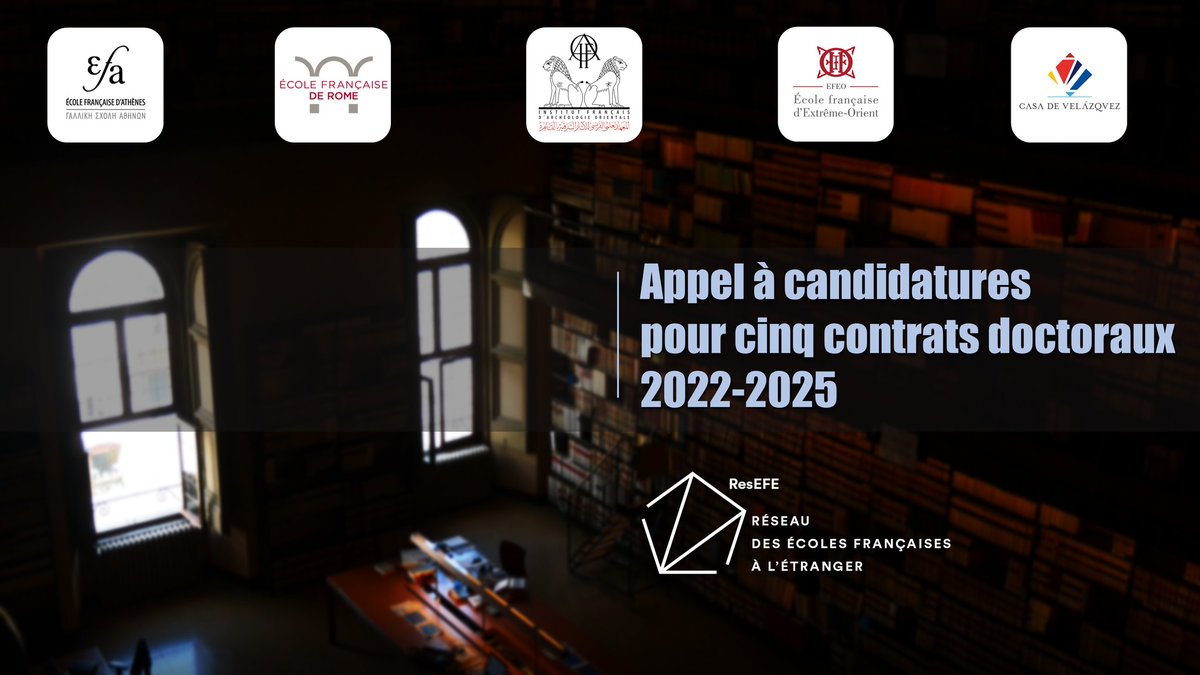 casadevelazquez's tweet photo. 📣L'appel à candidature pour 5 contrats doctoraux du #MESRI fléchés #EFE 2022-2025 est ouvert jusqu'au 2 mai 2022 à 15h (heure de Paris)!

Pour candidater à la Casa de Velázquez
➡️https://t.co/EySJakwGVo

Les autres EFE➡️https://t.co/B46DiDc6vg
#contratdoctoral #recherche #ResEFE https://t.co/lEmSjgFai7