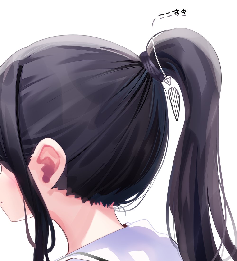 1girl nape solo white background black hair ponytail simple background  illustration images