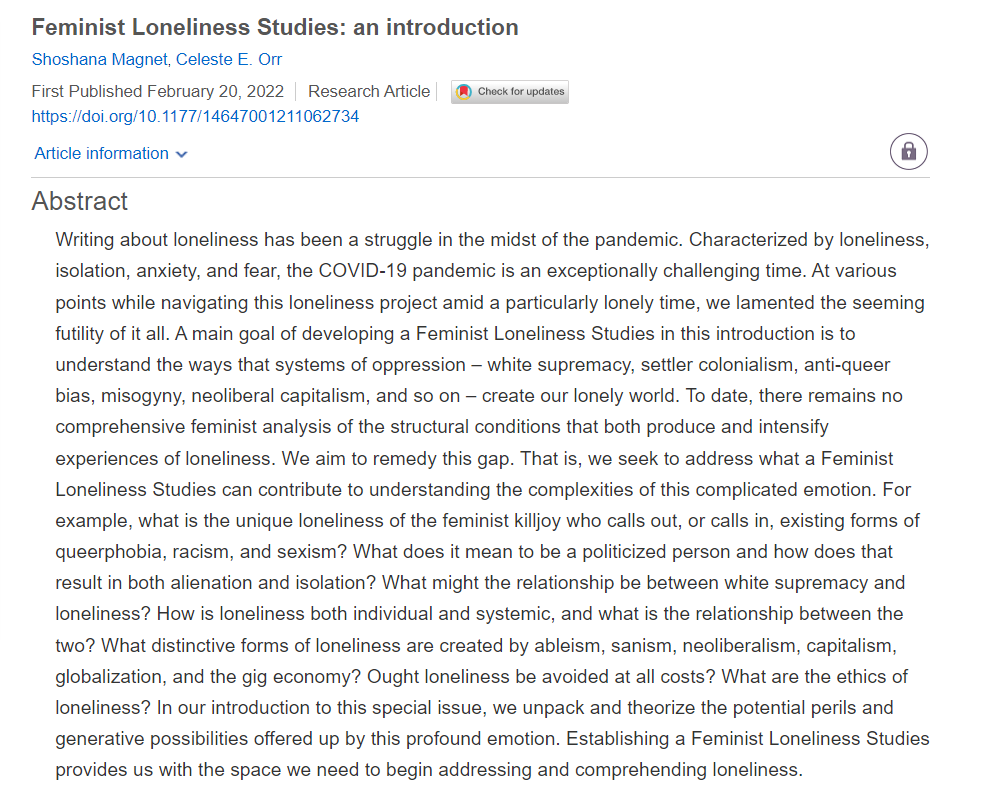 Exe_Loneliness's tweet photo. New publication! 📢Very excited to see this @FeministTheory special issue on Feminist Loneliness Studies, edited by Drs. Shoshana Magnet and Celeste E. Orr. Check out the contributions here, including a new article from our own @Charlotte_Sheff. https://t.co/PhMn63r37s https://t.co/NJ6fdyLwKh