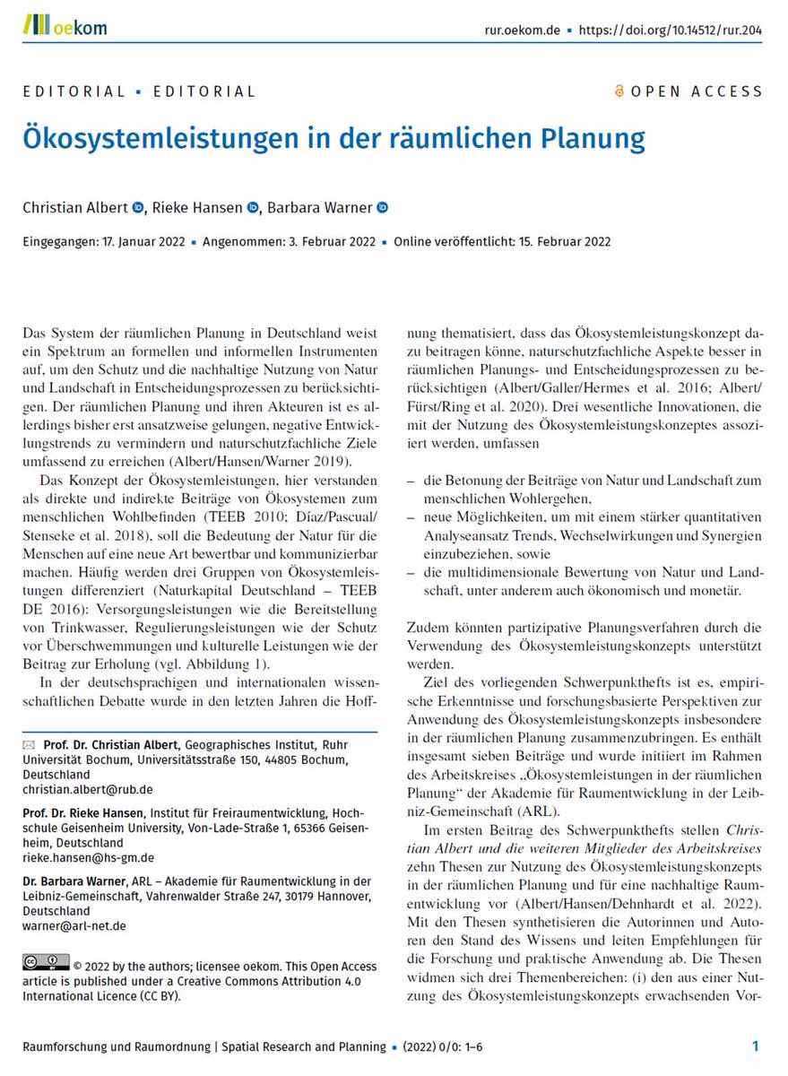 DrChrAlbert's tweet photo. Special Issue in 'Raumforschung und Raumordnung' mit Ergebnissen des @ARL_Hannover Arbeitskreises zu #Ökosystemleistungen in der räumlichen Planung, u.a. Methoden, Kommunikation, Planungsinstrumente, Umweltbildung &amp; räumliche Transformation. 
Editorial: https://t.co/6AJX7hG1VP https://t.co/WIc6T5GGFp