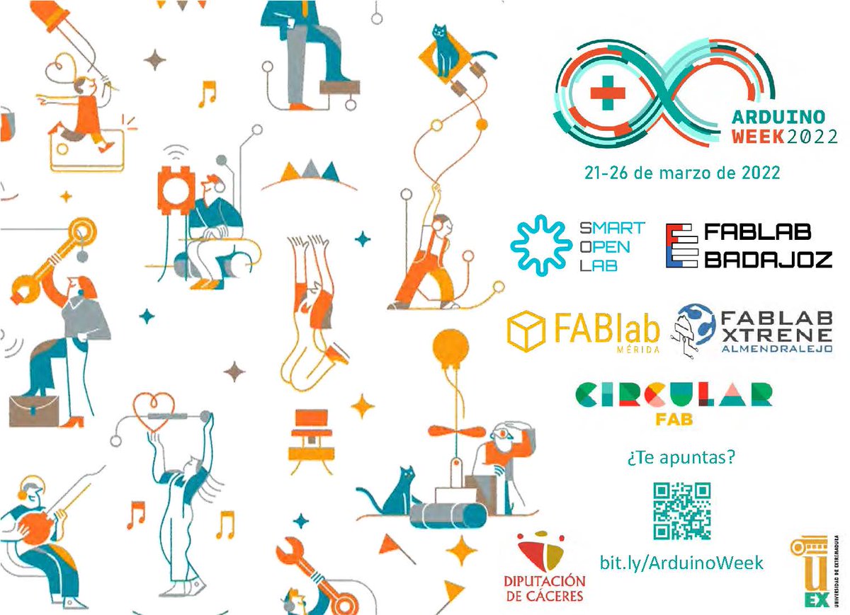 #ARDUINOweek2022 Organizado por los FABlabs de la <a href="/infouex/">UEx</a> , <a href="/FablabBadajoz/">FablabBadajoz</a> <a href="/LabMerida/">FABlab Mérida</a> <a href="/smartopenlab/">SmartOpenLab (EPCC - UEx)</a> <a href="/CircularFab/">CircularFAB</a>
Orientado a todos los interesados en el prototipado rápido:
👉Charlas
👉Talleres
👉Eventos

¡Inscríbete y acompáñanos! 🗓️Del 21 al 26 de marzo
bit.ly/ArduinoWeek