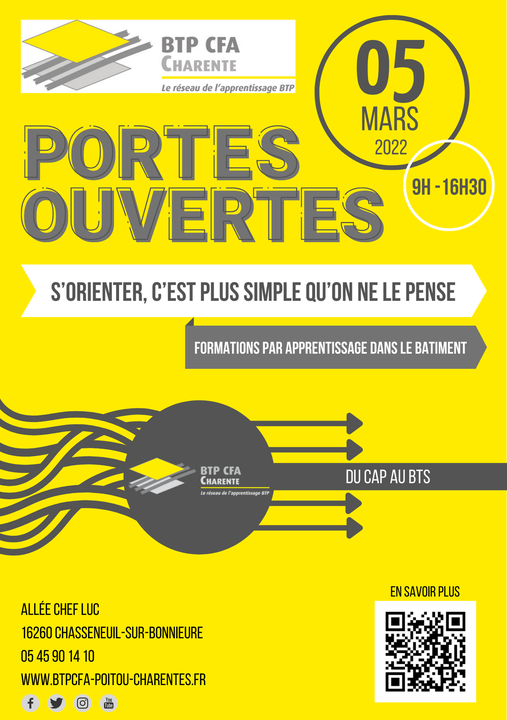 📣[JOURNÉE #PORTESOUVERTES - #CFA 16] ‼️
Venez découvrir BTP CFA #Charente (16) le samedi 05 mars 2022 de 9h à 16h30 ! 😀
👉Pour plus de renseignements : contactez le CFA au 05.45.90.14.10 😉