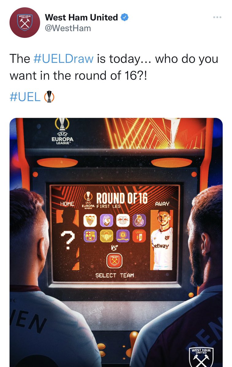 westhamtransfer's tweet photo. West Ham firing shots at being the only English club left in Europa League 😂😂😂 https://t.co/tTNRSaOJy8