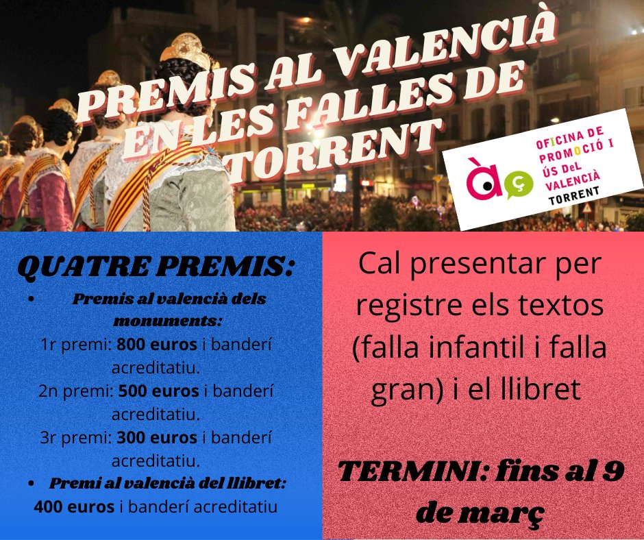 promvaltorrent's tweet image. ATENCIÓ! FALLES DE TORRENT @fallesdeTorrent Actiu el procediment per a obtenir els Premis al valencià en les falles. Fins al 9 de març. Enllaç al tràmit i a les bases torrent.es/PortalCiudadan…