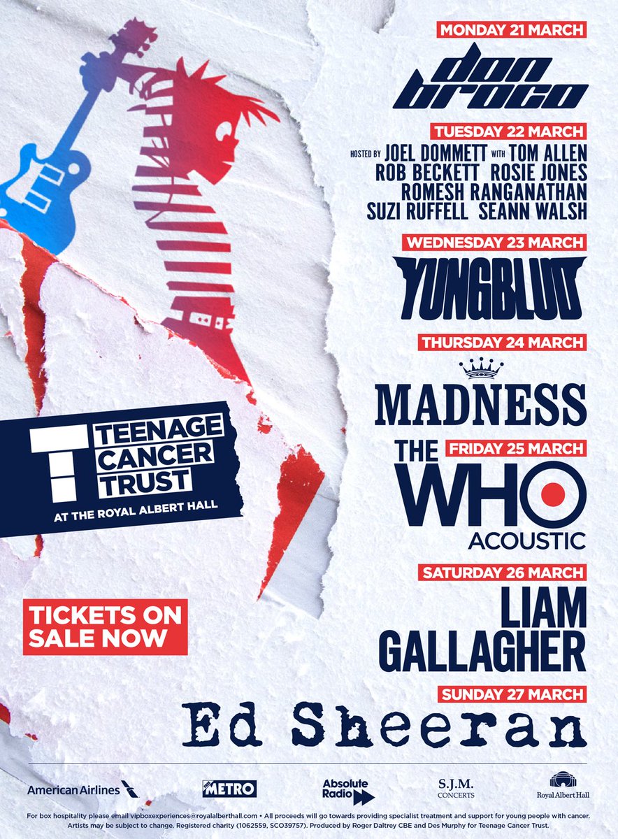 ON SALE NOW. Join us for a one of a kind evening at the Royal Albert Hall this March supporting <a href="/teenagecancer/">Teenage Cancer Trust</a> #TeenageCancerGigs. Reimagining our songs with an orchestra at the <a href="/royalalberthall/">Royal Albert Hall</a> will be an absolute dream come true!!