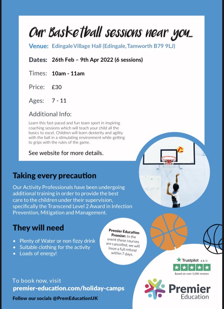 WestmidsPremier's tweet image. Basketball is BACK! It’s your last chance to book online for our #PremierEducation basketball sessions at #Edingale Village Hall.

To book: 
premier-education.com/parents/venue/…

@bballengland #Basketball #ActiveKids